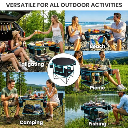 FUNDANGO Portable Camping Table Foldable, Lightweight 2-Tier Folding Beach Table with 4-Cup Holders & Carry Bag for Picnic Tailgate Backyard Outdoor