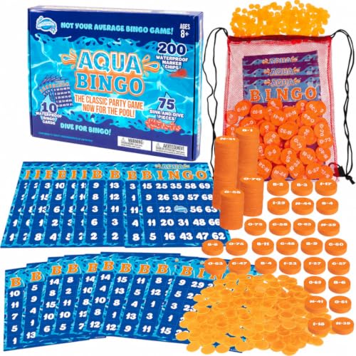 Aqua Pool Bingo Diving Game for Adults & Kids- Swim for & Call 75 Sinking Numbers, Fill Your Card To Win- Includes 200 Marker Chips, 10 Waterproof Play Cards, Summer BBQ Fun, Beach Party Activity Toy