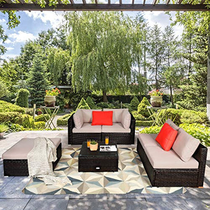 Tangkula 6 Piece Patio Furniture Set, Outdoor Deck Lawn Backyard Durable Steel Frame PE Rattan Wicker Sectional Sofa Set, Conversation Set with Coffee Table (Beige) - color: Beige, size: 6 Pieces