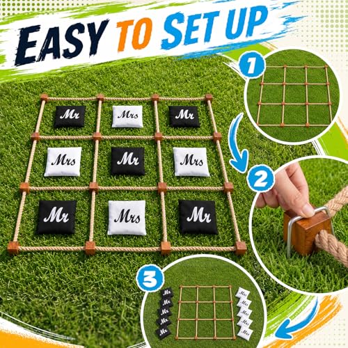 Lunmon Wedding Giant Tic Tac Toe Outdoor Games for Reception 4ft x 4ft Wooden Tic Tac Toss Mr and Mrs Bean Bag, Portable Wedding Yard Games for Backyard Lawn Outdoor Party Guests