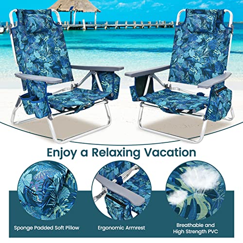 Tangkula Set of 2 Backpack Beach Chair, 5-Position Lay Flat Beach Chairs with Cooler Bag, 2 Cup Holders, Towel Bar, Lightweight Folding Beach Chair with Backpack Straps - color: Navy, style: 2 Pack