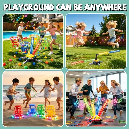 Bean Bag Ring Toss Game for Kids, 3-in-1 Carnival Musical Jumping Toy with LED Lights, Remote, Electric Spinning Base, Indoor & Outdoor Toys for Kids Ages 4-8, Backyard Sport Toy for Boys Girls
