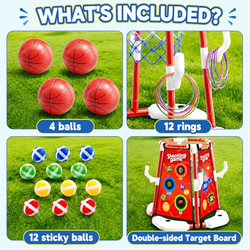 3 in 1 Pool Basketball Hoop & Ring Toss Game for Kids 4-8 8-12 - Floating Pool Toys Set with 4 Basketballs, 12 Rings, 2 Target Boards, 12 Bean Bags, Pump - Backyard Swimming Pool Summer Birthday Gift - color: red