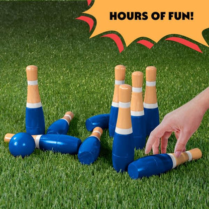 HEY! PLAY! 13-Piece Wood Bowling Set - Indoor/Outdoor Bowling Game for Adults and Kids Ages 3 and Up - 10 Wood Pins, 2 Balls, and Carrying Bag (Blue) - color: Blue & White