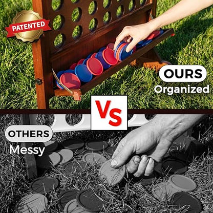 Height Adjustable (2.75-3.75 FT) Giant Wooden 4 in A Row Game | Foldable Tray, 2 Styles of Play: Wall Mounted or Set-up on Ground, Carrying Case, Detachable Legs - style: Premium (Adjustable 33"-45")