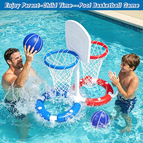 Double Pool Basketball Hoop with Backboard &Ring Toss Game, 2-in-1 Floating Pool Toy with 4 Balls 8 Rings&Pump,2 Player Games Summer Activities for Kids 5-8 8-12& Adult,Outdoor Swimming Party Gifts - size: Double with backboard