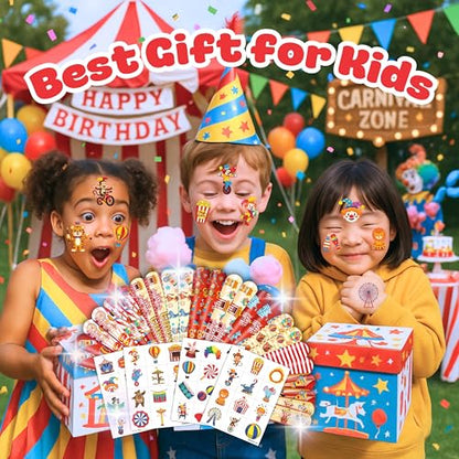 Cherisnowy 72PCS Carnival Party Set 48PCS Temporary Tattoos & 24PCS Slap Bracelets Fun Circus Themed Birthday Supplies, Baby Shower Gifts, Classroom Rewards & Party Decor for Kids Boys & Girls