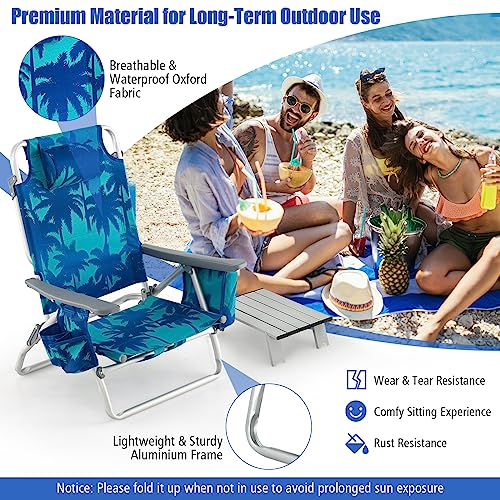 Tangkula Backpack Beach Chair with Table, 5-Position Lay Flat Beach Chairs with Cooler Bag, 2 Cup Holders, Towel Bar, Lightweight Low Folding Beach Chair with Backpack Straps - color: Light Blue, style: 2 Pack with Table