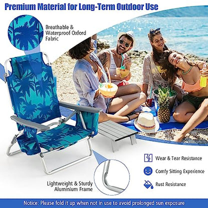 Tangkula Backpack Beach Chair with Table, 5-Position Lay Flat Beach Chairs with Cooler Bag, 2 Cup Holders, Towel Bar, Lightweight Low Folding Beach Chair with Backpack Straps - color: Light Blue, style: 2 Pack with Table