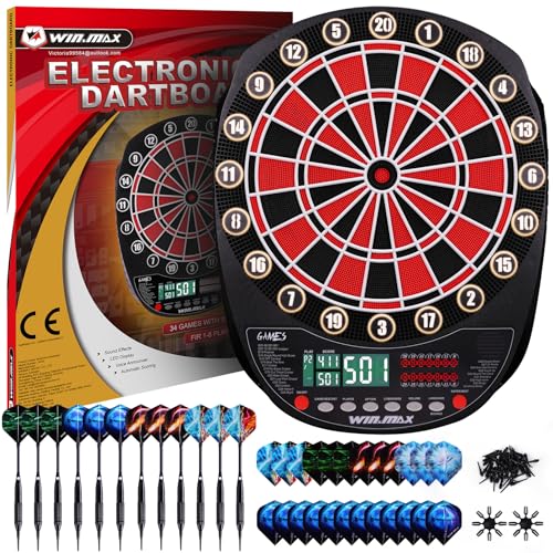 WIN.MAX Electronic Dart Board Soft Tip Dartboard Set LED Displays 3 Languages with 12 Darts 100 Tips Power Adapter - color: RED/BLACK WITH LIGHTS