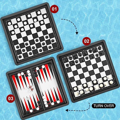 Liliful Floating Multi Game board Reversible Foldable Chess Board Tic Tac Toe Portable Travel Backgammon Chess and Checkers Game Set Pool Board Games for Family Pool Playing Board Games (3 in 1 Chess)