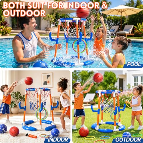 VLQ Floating Pool Basketball Hoop & Ring Toss Set, 2-in-1 Inflatable Summer Water Toy for Kids and Adults, Outdoor Party Game with 4 Balls, 12 Rings and Pump for Swimming Pools