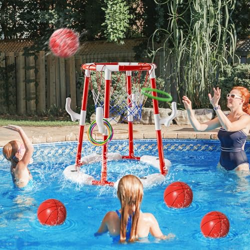 Pool Basketball Hoop Toys for Kids Ages 4-8 8-12 & Adult, Summer Outdoor Swimming Pool Games Water Play Toys Family Party for Kids, 2 in1 Pool Basketball Hoop & Ring Game with 4 Balls 12 Rings & Pump - style: 2-in-1 Pool Basketball Hoop（Red）
