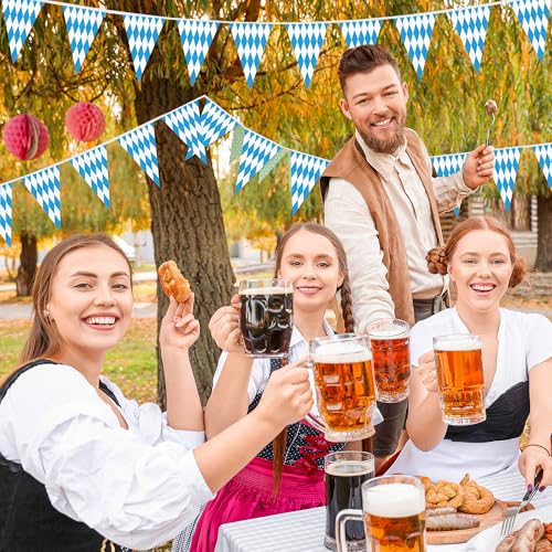 100 FT Oktoberfest Party Decorations, 3 Pack Pre-assemble Pennant Banner Flags, Plastic Blue and White Checkered Hanging Oktoberfest Decor German Bavarian Beer Festival Indoor Outdoor Party Supplies - style: Oktoberfest