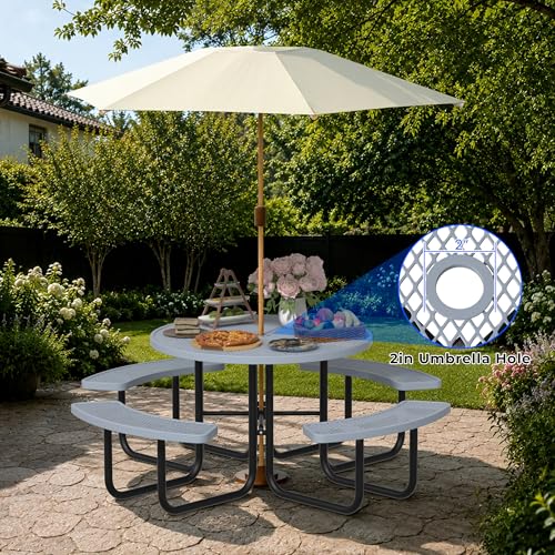 All-Weather Round Outdoor Picnic Table, Commercial Picnic Table Bench Set with Umbrella Hole, Thermoplastic Coated Metal Dining Tables for School, Stores, Park, Patio, Yard, Grey - color: Grey
