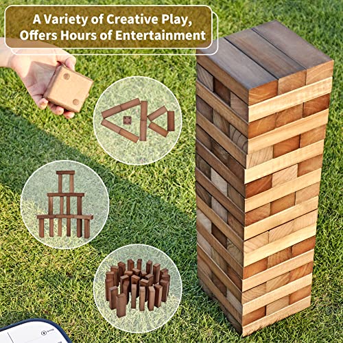 ApudArmis Giant Tumble Tower Stack to Over 5Ft, 56 PCS Pine Wooden Stacking Timber Game with 1 Dice Set - Classic Block Giant Outdoor Game (7.48 * 2.48 * 1.5In Each Block, Brown) - color: Brown, size: XL-Over 5FT