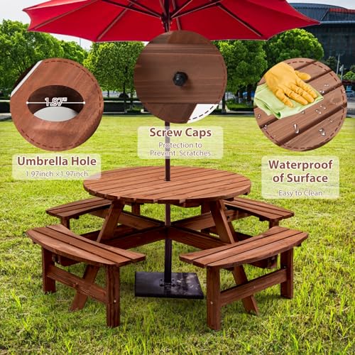 8-Person Round Wooden Picnic Table with Seat, Outdoor Camping Dining Table with 4 Built-in Benches, Brown - color: Brown, size: 8-Person Round