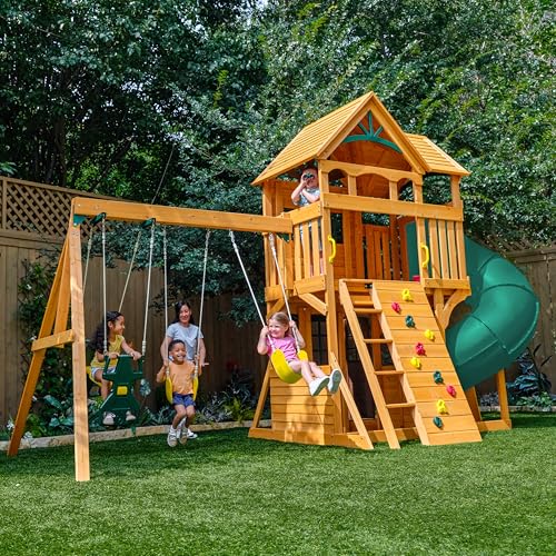 KidKraft Buffalo Crossing Wooden Outdoor Swing Set with Tube Slide | Two-Story Playhouse, Rock Wall, Glider, Faux Stone Facade, Planter Boxes