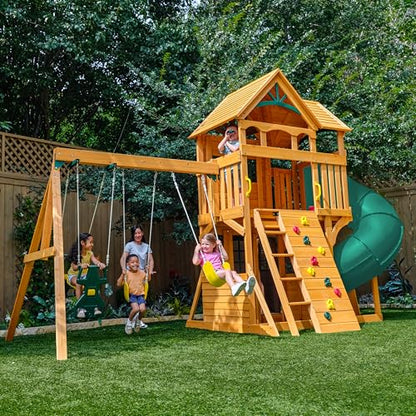 KidKraft Buffalo Crossing Wooden Outdoor Swing Set with Tube Slide | Two-Story Playhouse, Rock Wall, Glider, Faux Stone Facade, Planter Boxes