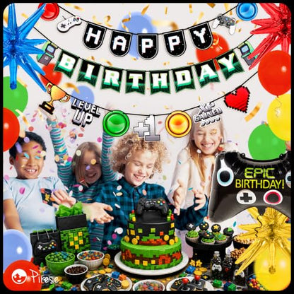 Pirese Video Game Birthday Decorations, Gaming Birthday Party Decorations for Boys, Gamer Birthday Banner & Party Supplies, Pre-Strung Game On Level Up Banner, Controller & Starburst Balloons for Kids