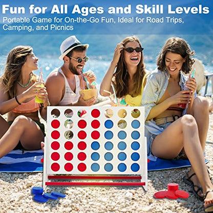ApudArmis Portable Wooden 4 in a Row Game, Classic Wooden 4-to-Score Game Set with Coins & Carrying Bag-Indoor Outdoor Connect Games for Teens Adults Family