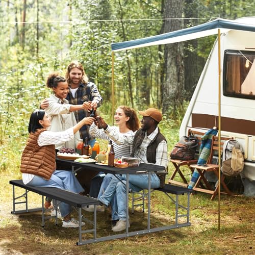 VINGLI Folding Picnic Table and Bench Set, Portable Outdoor Dining Furniture for Camping, Patio, Backyard, Wood Grain Plastic Top with Metal Frame （Black） - color: Black, style: Standard