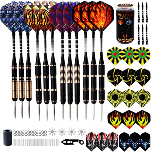 Darts Metal Tip Set, Steel Tip Darts Set 22g and 28g Professional Darts for Dartboard with Darts Guide and Darts Case, Aluminum Shafts, Brass Barrels, Extra Dart Flights, Dart Sharpener,etc.