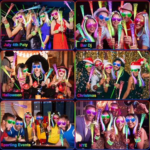 OLUPP 148 PCS Glow in the Dark Party Supplies, 16 Fiber Optic Wands, 14 LED Glasses, 100 Glow Sticks and 18 LED Hair Clips Fiber Optic for Neon Party, Wedding, Birthday, Concert, New Year