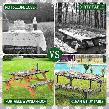 3PCS Picnic Table Cover with Bench Covers Elastic Edges, Farm Plaid Camping RV Waterproof Windproof Tablecloth with Drawstring Bag, Outdoor Patio Camping Essentials, 60in, Black White - color: Camping, size: 30X60inch