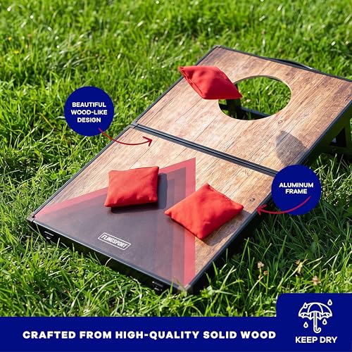 Flingsport Cornhole Board Set 24"x15" - 2 Boards Portable Corn Hole Set - Solid Plywood Tops with Aluminum Frame & Legs - Travel Cornhole Boards - Includes 8 Bean Bags, Travel Case & Game Rules