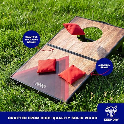 Flingsport Cornhole Board Set 24"x15" - 2 Boards Portable Corn Hole Set - Solid Plywood Tops with Aluminum Frame & Legs - Travel Cornhole Boards - Includes 8 Bean Bags, Travel Case & Game Rules