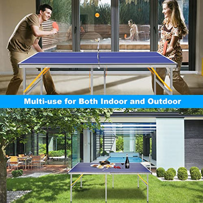 Mid-Size Table Tennis Table Foldable with Net, Foldable & Portable Ping Pong Table Set with 2 Table Tennis Paddles and 3 Balls for Small Spaces, Indoor/Outdoor Backyard Garden - size: 6ft