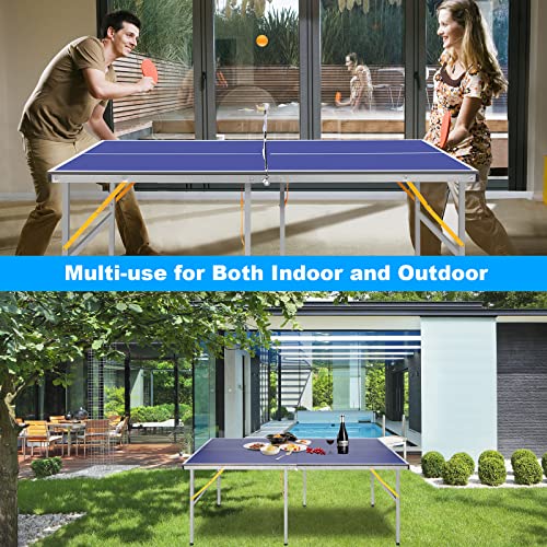 6X3ft Portable Ping Pong Table Game Set, Mid-Size Table Tennis Tables - Olding Indoor Outdoor Table Tennis with Net for Adults/Teens,2 Table Tennis Paddles and 3 Balls