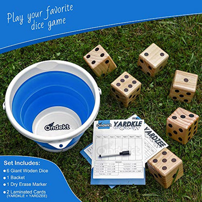 Giant Wooden Yard Dice – Splinter-Free and Crack-Proof Wood – Jumbo Size with Collapsible Bucket - 2 Dry Erase Score Cards - Indoor/Outdoor - Play Many Games – Fun and Engaging Game Time – Ideal Gift