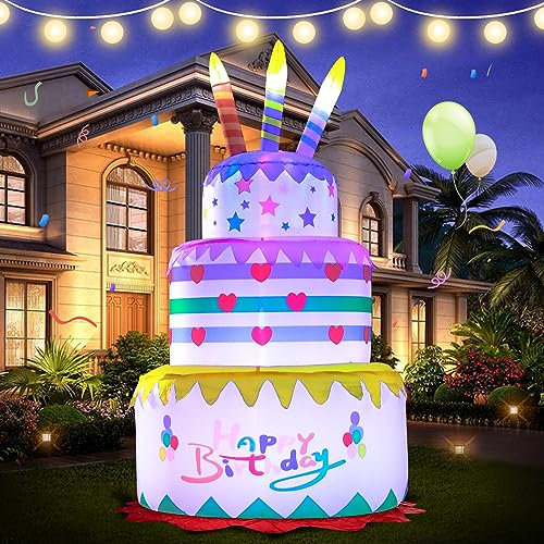 DomKom [New] 6FT Inflatables Birthday Cake Outdoor Decorations with Candles,Build-in LED Magic Lights, for Happy Birthday Party Outdoor,Indoor,Garden Yard Lawn Decor - color: Cake-A