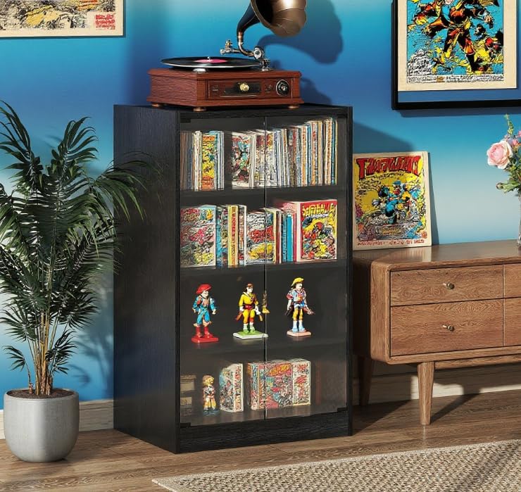 21" Storage Cabinet with Tempered Glass Doors, Floor Storage Cabinets with Adjustable Shelves, Storage Locker with Cable Management Holes for Living Rooms & Media Equipment, Distressed Black