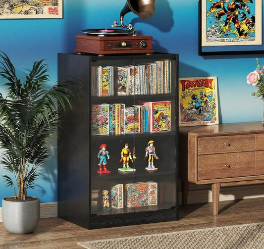 21" Storage Cabinet with Tempered Glass Doors, Floor Storage Cabinets with Adjustable Shelves, Storage Locker with Cable Management Holes for Living Rooms & Media Equipment, Distressed Black