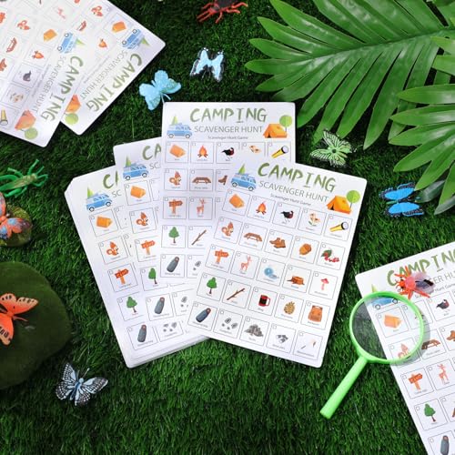 Hoolerry 30 Pcs Scavenger Hunt for Kids Road Trip Game Car Spring Summer Wedding Scavenger Hunt Cards Travel Activities Camping Games Outdoor Indoor Seek Activity for Kids Adults (Camping) - style: Camping