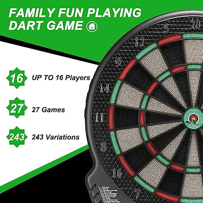 PATIKIL Electronic Dart Board, Digital Soft Tip Dartboard Set with LCD Displays, 27 Games and 243 Variants with 6Pcs Darts, 24 Tips, Support 16 Players
