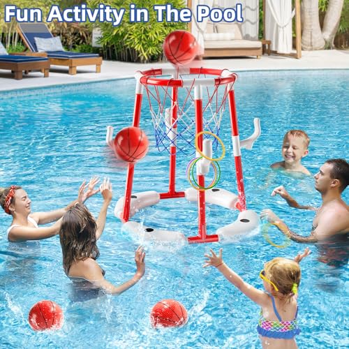 JUKUDAHU Swimming Pool Basketball Hoop Toy for Kids 2 3 4 5 6 Years Old - Floating Pool Basketball Game Toys with 4 Balls Air-Pump, Outdoor Play, Poolside Summer Water for Boys Girls Age 4-8-12 (Red) - color: Red