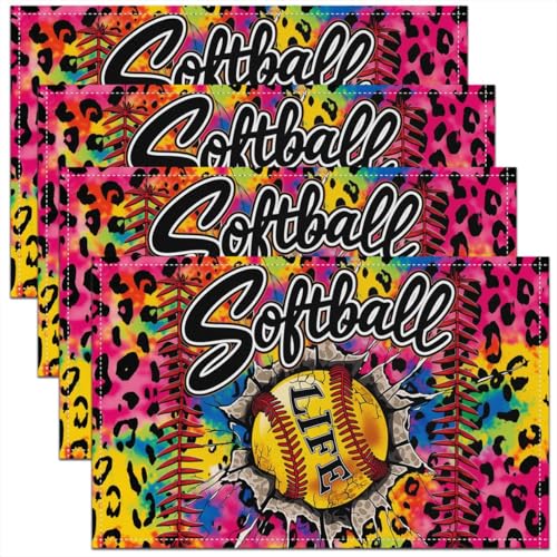 Softball Kids Placemats Set of 4,Black Leopard Cheetah Skin Tie-dye Table Place Mats,Ball Sport Games Kitchen Decor,Watercolor Placemat Kitchen Table Decoration 12"x18" - color: Watercolor