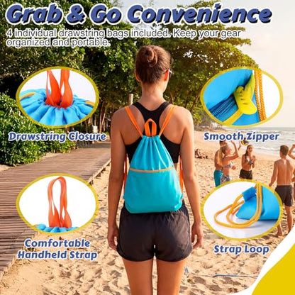 Junkin 4 Pairs Beach Paddle Ball Set Badminton Rackets Funny Paddleball Rackets Game with 8 Racket 4 Paddle Ball 4 Drawstring Bag for Indoor Outdoor Summer Sports Toys Game Backyard Park Camping Yard