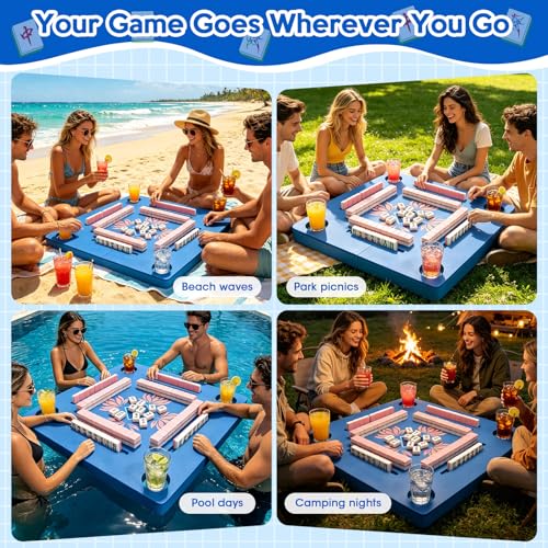 34Inch Foldable Floating Mahjong Table for Pool–Extra-Thick Float Board Water Game Tray Floater Mahjong Table Portable for Adults,Swimming Pool & Hot Tub,Poker,Card Games,Dominoes,Scrabble,Lake,Beach