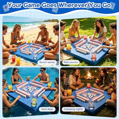 34Inch Foldable Floating Mahjong Table for Pool–Extra-Thick Float Board Water Game Tray Floater Mahjong Table Portable for Adults,Swimming Pool & Hot Tub,Poker,Card Games,Dominoes,Scrabble,Lake,Beach