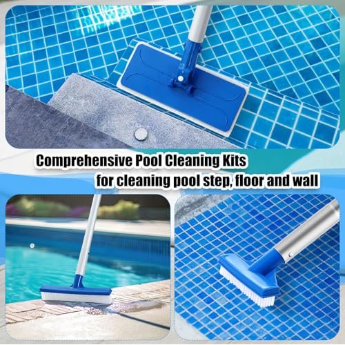 Tioncy 3 Pcs Pool Brushes Kit with 47" Pole Adjustable, 10" Pool Brush Head, Hand Scrub Brush & Scouring Sponge Pads with Aluminum Pole for Spa Hot Tub Bathroom Kitchen Home Tiles Walls Floors