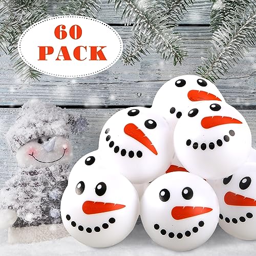 Liliful 60 Pcs Christmas Holiday Novelty Table Tennis Artificial Black and White Plastic Snowman Snowballs Xmas Stockings Goodie Bag Stuffers for Kids Baby Pool Play Table House Toddler Accessories