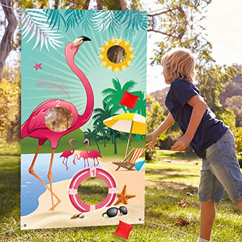 Blulu Flamingo Toss Games with 3 Nylon Bean Bags Hawaiian Summer Flamingo Backdrop Banner for Luau Party Game Birthday Decoration Carnival Party Supplies
