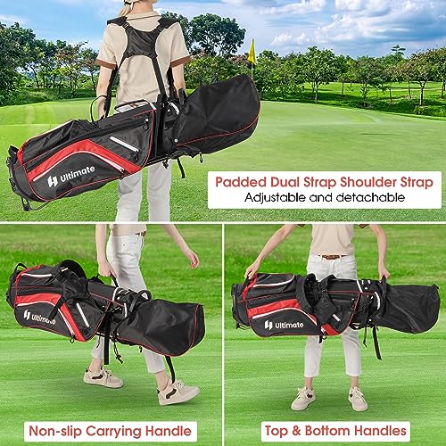 KOTEK Golf Stand Bag, 14 Way Top Divider Golf Club Bag with Cooler, 6 Zippered Pockets, Rain Hood, Adjustable Dual Shoulder Straps & Umbrella Holder, Lightweight Golf Bag for Men Women - color: Red