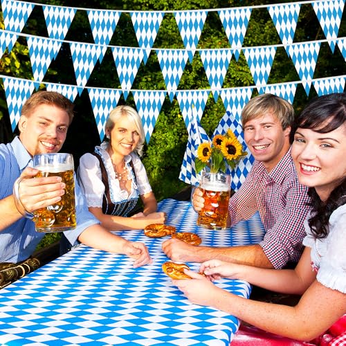 100 FT Oktoberfest Party Decorations, 3 Pack Pre-assemble Pennant Banner Flags, Plastic Blue and White Checkered Hanging Oktoberfest Decor German Bavarian Beer Festival Indoor Outdoor Party Supplies - style: Oktoberfest