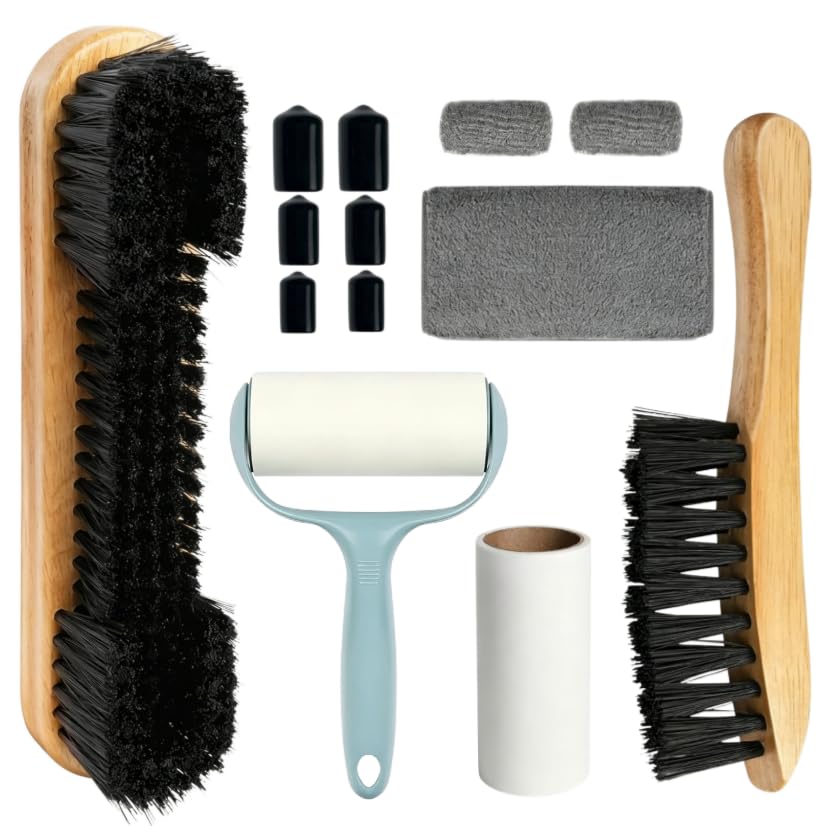 11pices Billiard Table Cleaning Set , including 2 wooden brushes, a cue cleaning cloth, sandpaper for polishing cue tips, a lint roller, a cue tip protector, three-finger gloves and a storage bag